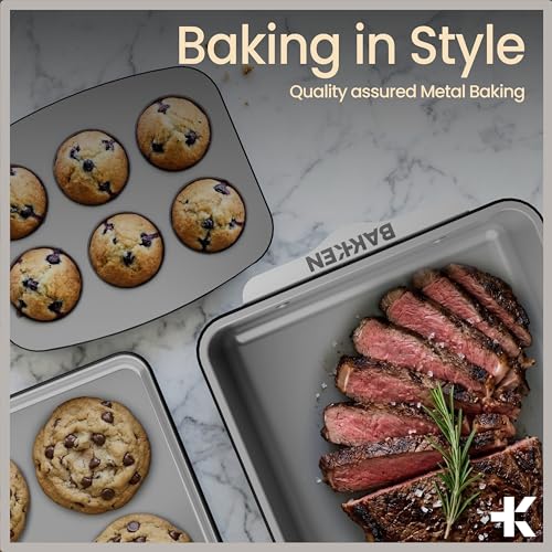 Bakken 8-Piece Ceramic Coated Bakeware Sets, Nonstick Aluminized Steel Pans with Muffin, Loaf, Cake, Roasting Pan, & Cooling Rack, Oven Safe Up To 500°F, Dishwasher Safe, BPA, PTFE & PFAS Free, Black