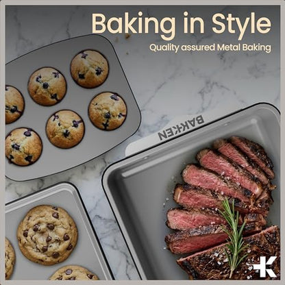 Bakken 8-Piece Ceramic Coated Bakeware Sets, Nonstick Aluminized Steel Pans with Muffin, Loaf, Cake, Roasting Pan, & Cooling Rack, Oven Safe Up To 500°F, Dishwasher Safe, BPA, PTFE & PFAS Free, Black