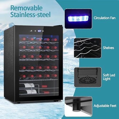 COWSAR 37 Bottle Wine Fridge, Freestanding Commercial Beverage Refrigerator with Smart Temp Control, 4.45 Cu.Ft Mini Fridge Wine Cooler with Child Lock& Wavy Wire Shelves for Kitchen Bar, Black