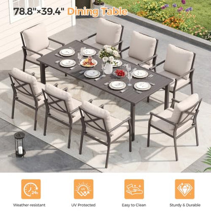 HAPPATIO Patio Dining Set, Metal Outdoor Table and Chairs Set for 8, Powder-Coated Metal Chairs with Thickened Cushions, 60" Rectangular Table with 1.5" Umbrella Hole for Deck Yard Lawn