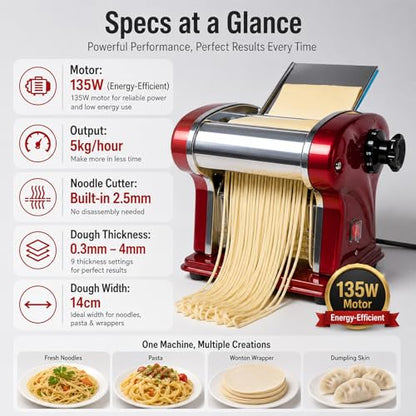 LEONEBEBE Electric Pasta Maker Machine, 135W Commercial Dough Sheeter with 2.5mm Blade, Adjustable 0.3-4mm Thickness, for Pasta, Dumplings – Restaurant & Home Use