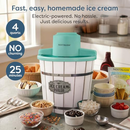Nostalgia Electric Ice Cream Maker – Wood Bucket Parlor Style, Old Fashioned Soft Serve Ice Cream Machine Makes Frozen Yogurt or Gelato in Minutes - Fun Kitchen Appliance – White & Aqua - 4 Quart