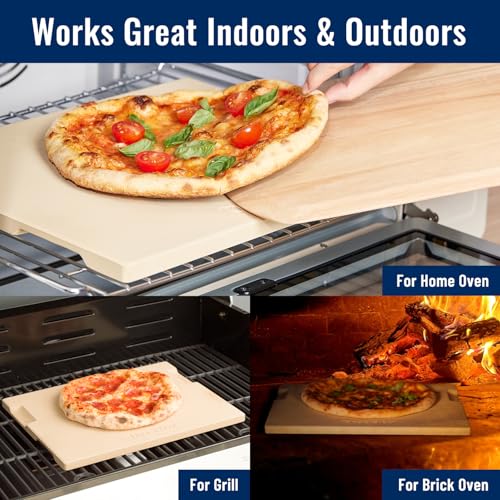 ROCKSHEAT Pizza Stone for Oven and Grill, 15x12 Inch Cordierite Baking Stone with 4 Built-in Handles, 7.4lbs Heavy Duty Thermal Shock Resistant for Crispy Crust Pizza Bread Cookies BBQ