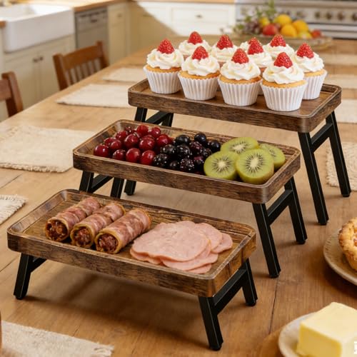 HENAYUK Cupcake Stand, 3 Tier Serving Tray Foldable Tiered Tray Stand Dessert Table Display Set Risers Display Stands Rustic Farmhouse Decor Food Tray for Cupcakes, Charcuterie, Fruit & Veggie
