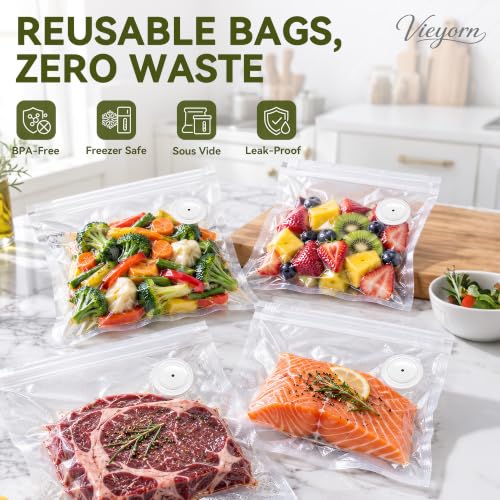 Vieyorn Compact Food Vacuum Sealer Kit,60kPa Pump,30 Reusable Bags-15S/15M