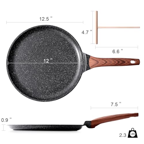 Kordisen Crepe Pan Nonstick, 12 Inch Dosa Pan with Spreader, Granite Coating Comales Para Tortillas Pancake Pan, Flat Bottom for Stove Top, Induction Compatible, PFOA Free