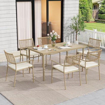 7 Pieces Outdoor Dining Set for 6, 55” Large Steel Dining Table with Umbrella Hole, Wicker Patio Table and Rattan Chairs for Garden/Deck/Yard/Porch, Matte Metal Spray Coating Patio Dining Set,Beige