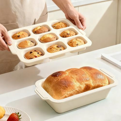 Silicone Bread Loaf Pan Set: 9.5 x 5 Inch Loaf Mold with Metal Frame and Nonstick Mini Bread Pan for Homemade - for Baking Banana Rye Cornbread Meatloaf Oven - Brownie Tray for Home Baker (Beige)