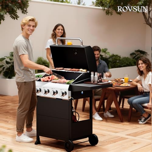 ROVSUN 4 Burner Propane Gas Grill with Foldable Side Shelves, 40000BTU BBQ Grills with Enameled Cast Iron Grates, Cabinet & Poratable Rolling Wheels for Outdoor Garden Patio Backyard Barbecue Cooking