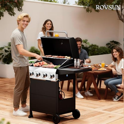 ROVSUN 4 Burner Propane Gas Grill with Foldable Side Shelves, 40000BTU BBQ Grills with Enameled Cast Iron Grates, Cabinet & Poratable Rolling Wheels for Outdoor Garden Patio Backyard Barbecue Cooking
