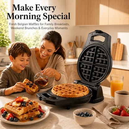 Moss & Stone Belgian Waffle Maker – Rotating Flip Design, 8-Inch Electric Waffle Iron, Non-Stick Grids for Easy Release & Clean, Adjustable Temperature, Compact Upright Storage, Black