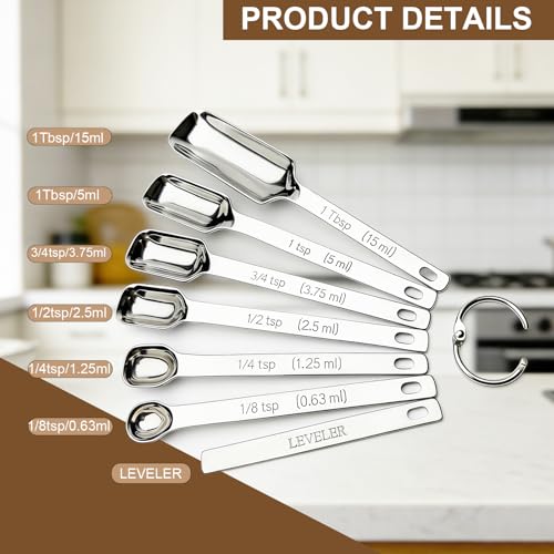 WAHMLA Stainless Steel Measuring Spoons Set of 7 with Leveler, Long Handle Rectangular Metal Teaspoon Tablespoon for Measuring Kitchen Spice, Dry & Liquid Ingredients