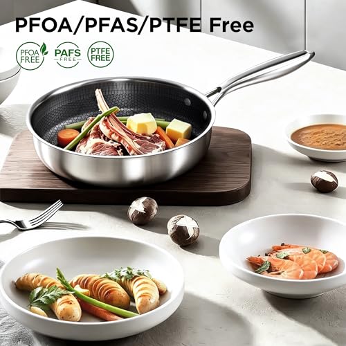 COOKER KING 3.6-Quart Hybrid Stainless Steel Sauté Pan with Lid, 10" Tri-Ply Clad Deep Frying Pan, Non-Stick & Non-Toxic Skillet for Egg, Cake, Seafood, Induction Compatible, Oven & Dishwasher Safe