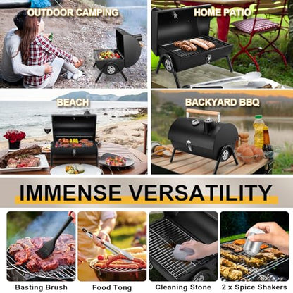 Joyfair Portable Charcoal Grill Set, Small Tabletop Barbecue Grill with Accessories Tools for Outdoor Camping BBQ Grilling Backyard Party Cooking, Heavy Duty & Innovative Design, Thermometer & Chimney