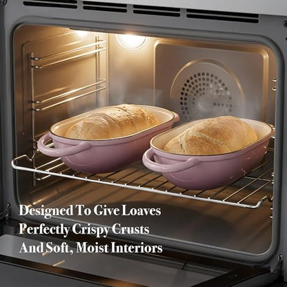 2 QT Oval Dutch Oven for Bread Baking, Enamelled Cast Iron Bread Oven for Sourdough, Sourdough Loaf Pan with Lid, Heavy-Duty Non Stick Bread Pan for Homemade Bread Baking, Pink