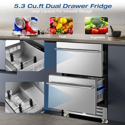 24 Inch Dual Drawer Fridge Under Counter with Wheels, Outdoor Beverage Refrigerator for Patio, Stainless Steel Weather-Proof, Freestanding or Built-In Installation, Ideal for Home and Commercial Use