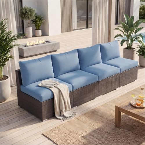 Wisteria Lane Patio Furniture Set for All Wheather, 4 Pieces Armless Wicker Outdoor Furniture Set Patio Couch with Washable Cushions, Oversized Outdoor Sectional for Garden, Backyard, Navy