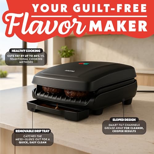 Gourmia Indoor Grill & Panini Maker – 4 Serving Contact or Open Grill, Nonstick Ceramic, Preheat Indicator Light, Slope Design with Removable Dishwasher Safe Drip Tray