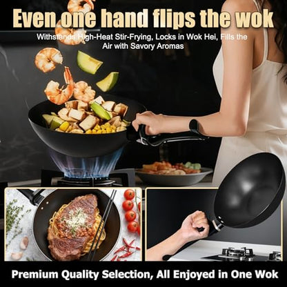 KALAWW Carbon Steel Wok Pan, Non-stick sauté pan Nitriding Process,13 Inch Woks & Stir-fry Pans Nonstick with Ergonomic Handle, Cookware, Pots and Pans,Versatile Bottom Chinese Woks for All Stoves