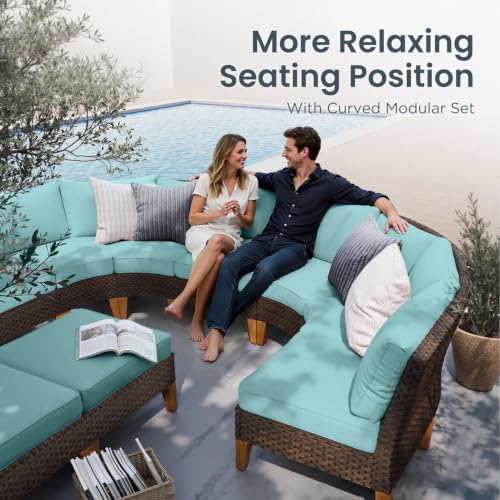 PHI VILLA 12 Pieces Wicker Patio Furniture Sofa Set, Half Moon, Aqua Blue