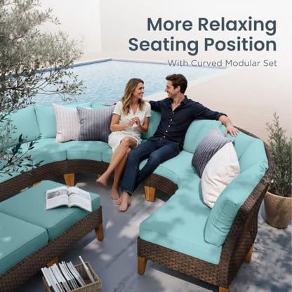 PHI VILLA 12 Pieces Wicker Patio Furniture Sofa Set, Half Moon, Aqua Blue