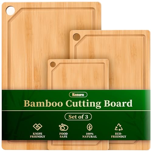 Kitchen Cutting Board Set - 3-Piece Wooden Cutting Boards for Kitchen with Juice Groove, Handles, Hang Holes, Stylish Kitchen Essentials for Chpping & Serving, Natural, 0.4"Th - (L+M+S)