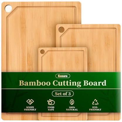 Kitchen Cutting Board Set - 3-Piece Wooden Cutting Boards for Kitchen with Juice Groove, Handles, Hang Holes, Stylish Kitchen Essentials for Chpping & Serving, Natural, 0.4"Th - (L+M+S)