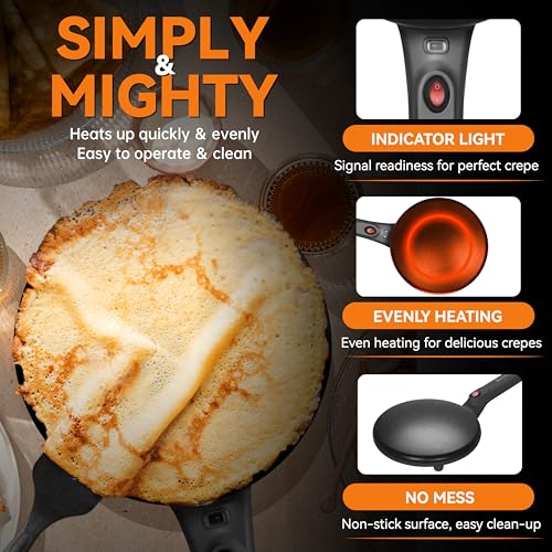 Baker's Friend Crepe Maker Machine with Auto Power Off, Portable Crepe Maker with Non Stick Dipping Plate, Automatic Temperature Control, Graphite