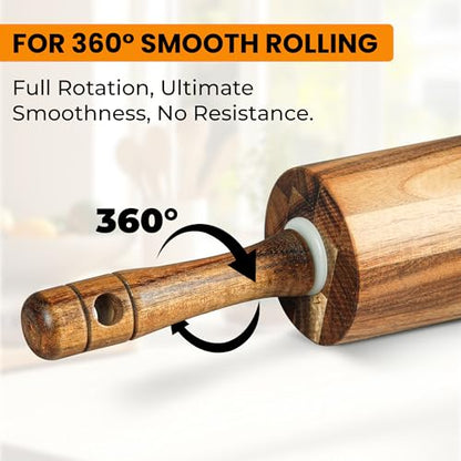 KARRYOUNG Acacia Wood Rolling Pin for Baking, Kitchen Dough Roller With Handles, Rodillo Para Masa, Rolling Pin for Dough, Pizza,Bread, Fondant & Tortilla