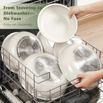 SODAY 18 Pcs Pots and Pans Set Non Stick, Cookware Sets with Detachable Handle, Nonstick RV Kitchen Cooking Tools Removable Handles, Oven Safe, Induction Fast, Stackable Induction Cookware, White