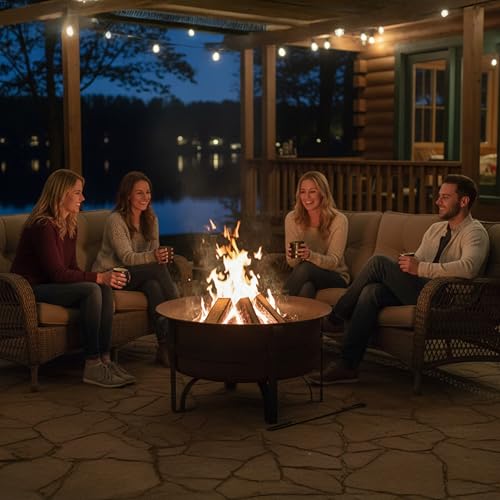 Sunnydaze 29-Inch Cauldron Wood-Burning Outdoor Fire Pit for Patio and Backyard - Round Steel Outside Firepit Bowl with Removable Ash Pan, Spark Screen, and Poker Tool - Dark Bronze Finish