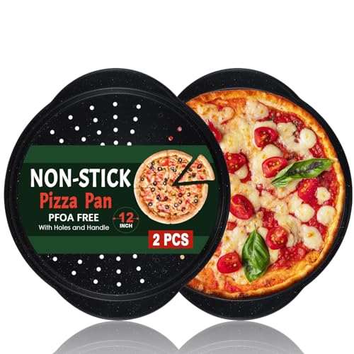 hunnycook 2P Non Stick Pizza Pans - 12” Round Pizza Tray with Holes and Handle, Carbon Steel Pizza Pan for Oven, Dishwasher Safe, PFOA Free