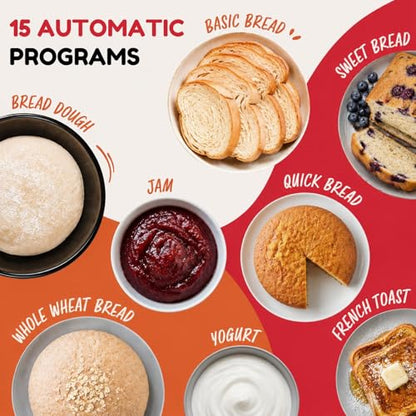 Davivy 3LB Large Capacity Bread Machine, 850W Powerful Automatic Bread Maker with 15 Programs, 3 Crust Colors & 1.5H 3LB Quick Bake, Nonstick Pan, 15H Delay Timer for Gluten Free Yogurt Dough
