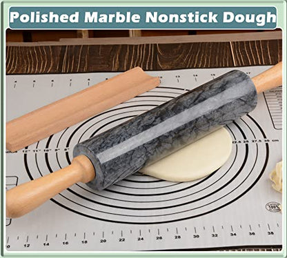 SIPARUI Marble Rolling Pin with Wooden Cradle Thick Handle Set for Baking,18.5 inch Premium Quality Polished Roller for Pizza Dough,Fondant,Pie Crust,Non-Stick Surface Easy to Clean(Black)