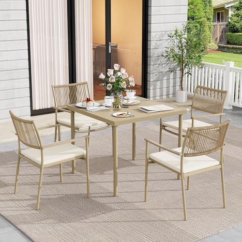 5-Piece Outdoor Dining Set for 4, Rectangle Expandable Table with Umbrella Hole, 4 Wicker Rattan Chairs with Soft Cushion,Patio Dining Set, Conversation Set for Backyard, Garden & Poolside, Beige