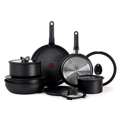 T-fal Ingenio Expertise Non Stick Cookware Set 14 Piece, Induction Oven Broiler Safe 500F, Detachable/Removable Handle, Kitchen, Pots and Pans, RV, Camping, Fry Pans, Saucepans, Dishwasher Safe Black