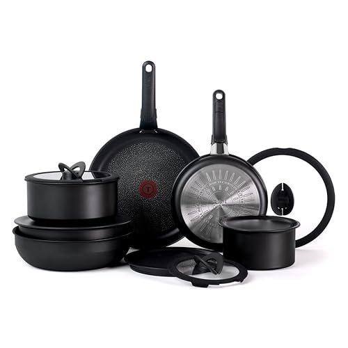 T-fal Ingenio Expertise Non Stick Cookware Set 14 Piece, Induction Oven Broiler Safe 500F, Detachable/Removable Handle, Kitchen, Pots and Pans, RV, Camping, Fry Pans, Saucepans, Dishwasher Safe Black