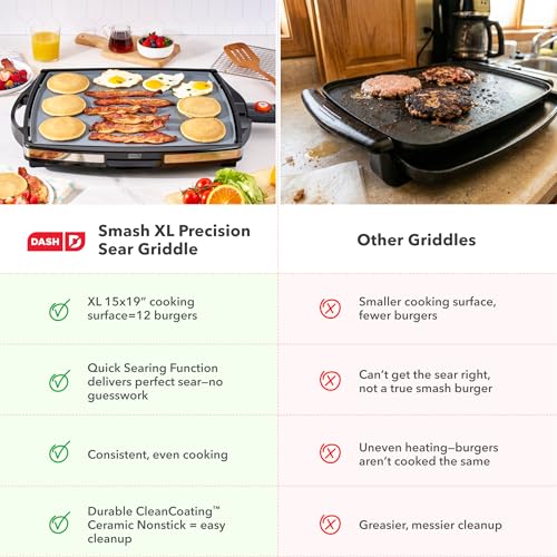 Dash Smash XL Electric Griddle,15x19 Inch Indoor Flat Top Grill with Drip Tray, Ceramic Nonstick Griddle for Smash Burgers, Pancakes & Breakfast, Quick Sear, Black