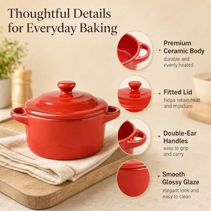 RHBLME 6 Pack French Onion Soup Bowls, 7 Oz Ramekins Oven Safe Mini Cocotte, Red Ramekins with Lids Oven Safe Soup Bowls for Creme Brulee, Pot Pie, Lava Cakes, Pumpkin Soup