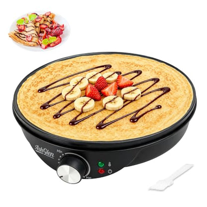 AshGlen 12" Electric Crepe Maker Machine, Ceramic Crepe Pan for Pancakes & Tortilla & Fried Eggs, Spatula & Crepe Spreader Tool Included, Graphite