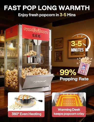 PopBria Commercial Popcorn Machine, Authentic 16oz Kettle Countertop Popcorn Maker with Waming Deck, 1600W Large Popcorn Machine for Restaurant, Concession Stand, Carnival, School, Office, Red
