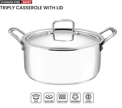 Vinod Smart Triply Stainless Steel Casserole with Lid, Stainless Steel Stock Pot with Lid, Stock Pots with Lids, Casserole Pot for Oven, Induction, Gas & Electric, 15.95 Quart (15.1 Liters), 36 CM