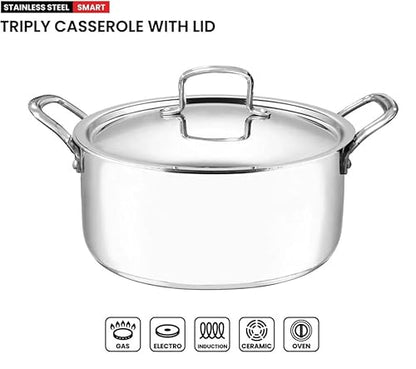 Vinod Smart Triply Stainless Steel Casserole with Lid, Stainless Steel Stock Pot with Lid, Stock Pots with Lids, Casserole Pot for Oven, Induction, Gas & Electric, 15.95 Quart (15.1 Liters), 36 CM