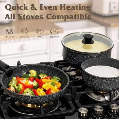 SODAY 17 Pcs Pots and Pans Set Non Stick, Cookware Sets with Detachable Handle, Nonstick RV Kitchen Cooking Tools Removable Handles, Oven Safe, Induction Fast, Stackable Induction Cookware, Black