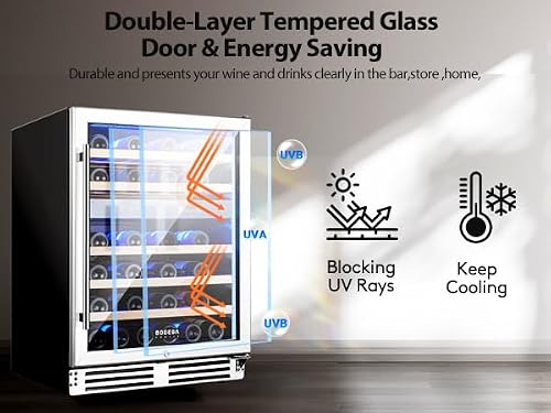 BODEGA 24 Inch Wine Cooler, Wine cooler refrigerator with Double-Layer Glass Door, Dual Zone Wine Fridge with Digital Temperature Control and Temperature Memory, 46 Bottles wine coolers for home.