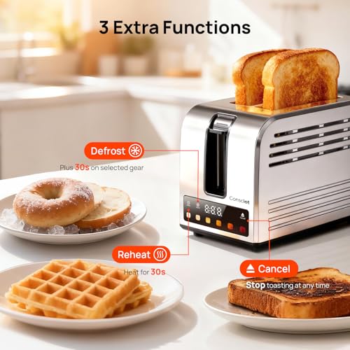 Toaster 2 Slice, Consciot Smart Touch Screen Toasters with 6 Browning Levels, Timer, Reheat/Defrost/Cancel, Extra-Wide Slots, Removable Crumb Tray, Auto Pop-up & Anti Jam, Peak 925W, Stainless Steel