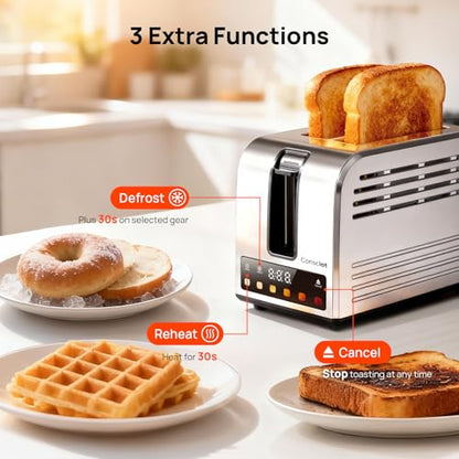 Toaster 2 Slice, Consciot Smart Touch Screen Toasters with 6 Browning Levels, Timer, Reheat/Defrost/Cancel, Extra-Wide Slots, Removable Crumb Tray, Auto Pop-up & Anti Jam, Peak 925W, Stainless Steel