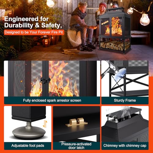 VELUVIA Metal Outdoor Fireplace for Patio - 39" H Square Chiminea Fire Pits Outside Wood Burning with Grill, Mesh Spark Screen & Fire Poker, for Garden, Backyard, Party, Camping, Picnic, BBQ, Bonfire