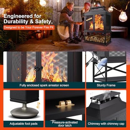 VELUVIA Metal Outdoor Fireplace for Patio - 39" H Square Chiminea Fire Pits Outside Wood Burning with Grill, Mesh Spark Screen & Fire Poker, for Garden, Backyard, Party, Camping, Picnic, BBQ, Bonfire