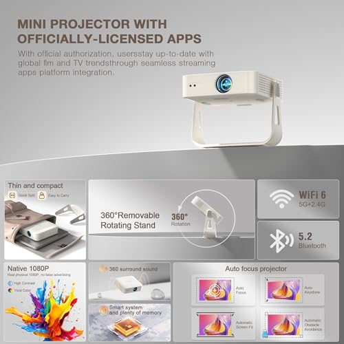[Officially-Licensed App & Auto Focus]White Smart Mini Projector with WiFi and Bluetooth, XuanPad 4K Support Movie Projector, Portable Native 1080P Outdoor Projector with 360° Stand